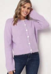 Fioletowy Casualowy Kardigan o Klasycznym Kroju Riathiel. Fioletowe kardigany damskie Born2be, uniwersalny, bez wzorów, z jeansu, eleganckie, bez kołnierzyka. Za 169.99 zł.