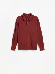 Wiskozowy sweter polo - bordowy. Czerwone swetry męskie Reserved, l, bez wzorów, z dzianiny, bez kołnierzyka, bez ramiączek. Za 119.99 zł.