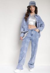 Jasnoniebieskie Szerokie Jeansy Ozdobione Marmurkowym Wzorem Elisbae. Niebieskie jeansy damskie Born2be, bez wzorów, z jeansu, biznesowe, z podwyższonym stanem. Za 129.99 zł.