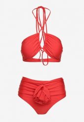 Czerwone Bikini 2-Częściowe Stanik Wiązany na Szyi Figi z Podwyższonym Stanem Tegelia. Czerwone bikini Born2be, l, z aplikacjami. Za 79.99 zł.