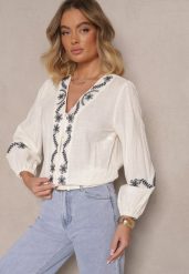 Beżowa Koszula z Wiskozą z Dekoltem V Zdobiona Haftem z Motywem Kwiatowym Gonarrae. Brązowe koszule damskie Renee, l, z aplikacjami, z jeansu, eleganckie, bez kołnierzyka, bez ramiączek. Za 84.99 zł.