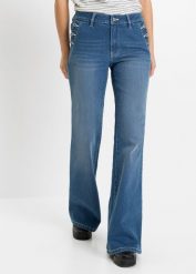 Dżinsy Bootcut, mid waist, bawełna organiczna. Niebieskie jeansy damskie bonprix, bez wzorów, z bawełny. Za 159.99 zł.