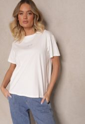 Biały Bawełniany T-shirt z Napisem Marivetha. Białe t-shirty damskie Renee, m, bez wzorów, z bawełny, eleganckie, bez kołnierzyka, bez ramiączek. Za 29.99 zł.