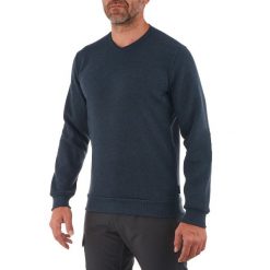 Sweter turystyczny męski Quechua NH150. Niebieskie swetry męskie QUECHUA, l, bez wzorów, z dzianiny, klasyczne, bez kołnierzyka, bez ramiączek. Za 39.99 zł.