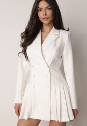 Biała Sukienka o Kroju Marynarki VICES z Poduszkami w Ramionach Serlina. Białe sukienki damskie Born2be, na co dzień, l, bez wzorów, eleganckie, bez kołnierzyka, bez ramiączek, mini, kopertowe. Za 239.99 zł.