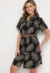Czarna Koszulowa Sukienka z Bawełny w Liście z Paskiem Eveledia. Czarne sukienki damskie Born2be, na co dzień, na lato, l, bez wzorów, z bawełny, eleganckie, bez kołnierzyka, bez ramiączek, midi, koszulowe. Za 89.99 zł.
