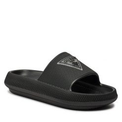 Klapki Guess. Czarne klapki damskie Guess, z aplikacjami, bez obcasa, bez zapięcia. Za 189.99 zł.