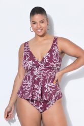 Damskie Góra od tankini miękkie miseczki nadruk na całej powierzchni drapowanie. Fioletowe stroje kąpielowe damskie Ulla Popken, plus size, bez wzorów, z elastanu. Za 199.99 zł.