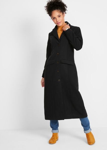 Długi płaszcz z materiału w optyce wełny. Czarne płaszcze damskie bonprix, bez wzorów, z wełny, bez kołnierzyka, bez kaptura. Za 299.99 zł.