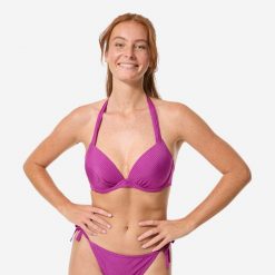 Góra kostiumu kąpielowego damska Decathlon Elena Folk. Fioletowe bikini Decathlon, bez wzorów, z elastanu. Za 89.99 zł.