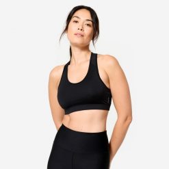 Stanik sportowy Domyos. Czarne bielizna sportowa damska DOMYOS, l, bez wzorów, z elastanu. Za 24.99 zł.