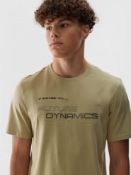 4F T-shirt regular z nadrukiem męski - khaki S. Brązowe t-shirty męskie 4F, m, bez wzorów, z bawełny, bez kołnierzyka, bez ramiączek. Za 29.99 zł.