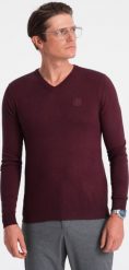 Ombre Elegancki sweter męski z dekoltem w serek - bordowy V13 OM-SWBS-0107 S. Czerwone swetry męskie Ombre, m, bez wzorów, eleganckie, bez kołnierzyka, bez ramiączek. Za 119.99 zł.