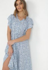 Niebieska Sukienka Megopis. Niebieskie sukienki damskie Born2be, na wiosnę, m, bez wzorów, z materiału, bez kołnierzyka, bez ramiączek, maxi, koszulowe. Za 99.99 zł.