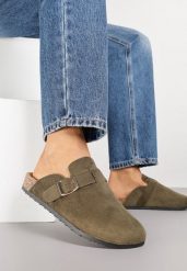 Zielone Klapki Ozdobione Klamrą na Pasku Zelevelis. Zielone klapki damskie Renee, bez wzorów, z jeansu, eleganckie, bez obcasa, na obcasie, bez zapięcia. Za 69.99 zł.