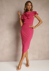 Fuksjowa Koktajlowa Asymetryczna Sukienka Vices z Kwiatem 3D i Falbankami Tolelira. Czerwone sukienki damskie Renee, na imprezę, na lato, l, bez wzorów, eleganckie, z asymetrycznym kołnierzem, bez ramiączek, asymetryczne. Za 99.99 zł.