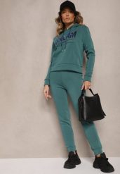 Zielony Ocieplany Komplet Dresowy Bawełniany Spodnie Joggery i Bluza Zdobiona Nadrukiem Filoira. Zielone bluzy damskie Renee, m, z aplikacjami, z bawełny, bez ramiączek, z kapturem. Za 74.99 zł.