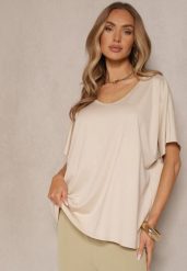 Beżowy T-shirt z Wiskozą w Stylu Nietoperza Liofala. Brązowe t-shirty damskie Renee, bez wzorów, z jeansu, eleganckie, bez kołnierzyka, bez ramiączek. Za 54.99 zł.