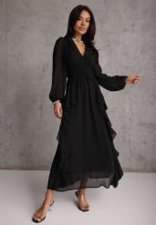 Czarna Rustykalna Sukienka Wieczorowa z Falbanami i Marszczeniem w Talii Himereanes. Czarne sukienki damskie Renee, m, z aplikacjami, z materiału, wizytowe, bez kołnierzyka, bez ramiączek, maxi, rozkloszowane. Za 199.99 zł.