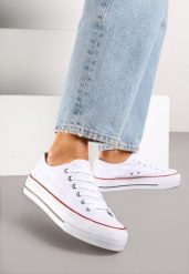 Biało-Czerwone Trampki Vices na Grubszej Podeszwie pod Kostkę Tilomea. Białe trampki i tenisówki damskie Born2be, bez wzorów, z jeansu, bez zapięcia. Za 39.99 zł.