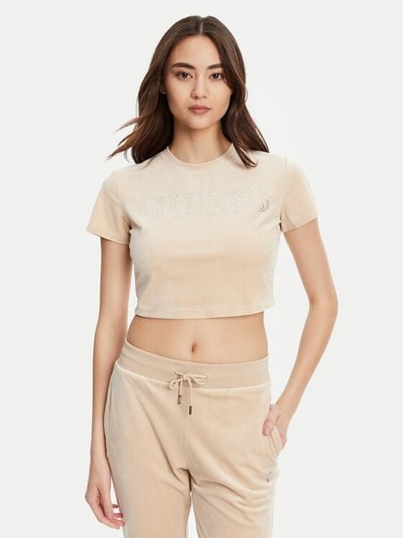 Guess T-Shirt V3BI01 K0232 Beżowy Regular Fit. Brązowe t-shirty damskie Guess, l, z aplikacjami, z syntetyku, bez kołnierzyka, bez ramiączek. Za 109.99 zł.