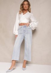 Niebieskie Szerokie Jeansy High Waist z Bawełną i Przeszyciami Silsemi. Niebieskie jeansy damskie Renee, bez wzorów, z bawełny, z podwyższonym stanem. Za 99.99 zł.