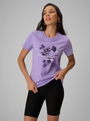 4F T-shirt regular z nadrukiem damski - fioletowy XS. Fioletowe t-shirty damskie 4F, xs, bez wzorów, z bawełny, klasyczne, bez kołnierzyka, bez ramiączek. Za 69.99 zł.