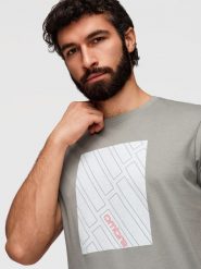 T-shirt męski bawełniany z geometrycznym nadrukiem - szary V3. Szare t-shirty męskie Ombre Clothing, m, z aplikacjami, z bawełny, bez kołnierzyka, bez ramiączek. W wyprzedaży za 59.99 zł.