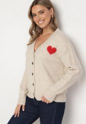Beżowy Kardigan na Guziki z Sercem Miathenae. Brązowe kardigany damskie Born2be, z aplikacjami, eleganckie, bez kołnierzyka. Za 139.99 zł.