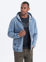 Kurtka jeansowa męska katana z kieszeniami cargo i kapturem – niebieska V3. Niebieskie kurtki męskie Ombre Clothing, m, z aplikacjami, z bawełny. W wyprzedaży za 119.99 zł.