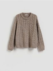 Sweter z warkoczowym splotem - brązowy. Brązowe swetry nierozpinane damskie Reserved, l, bez wzorów, z dzianiny, bez kołnierzyka, bez ramiączek. Za 139.99 zł.