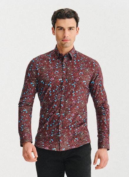 PAKO LORENTE – Bordowa koszula w kwiaty. Czerwone koszule męskie Pako Lorente, xl, bez wzorów, z bawełny, bez kołnierzyka, bez ramiączek. Za 149.99 zł.