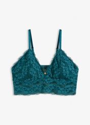 Biustonosz bustier bez fiszbinów, z kwiatową koronką. Czarne biustonosze bonprix, bez wzorów, z koronki. Za 77.99 zł.