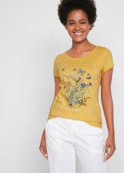 T-shirt bawełniany z nadrukiem. Żółte t-shirty damskie bonprix, bez wzorów, z bawełny, bez kołnierzyka, bez ramiączek. Za 39.99 zł.
