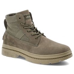 Zielone Trapery Jeep Wygodne Buty Męskie Military. Zielone botki męskie Jeep, bez wzorów, z materiału, militarne, bez obcasa, bez zapięcia. Za 409.00 zł.