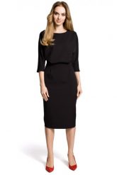 Sukienka elegancka midi kimonowa góra i dopasowany dół czarna. Czarne sukienki damskie MOE, do pracy, xl, bez wzorów, biznesowe, bez kołnierzyka, bez ramiączek, midi, dopasowane. Za 289.00 zł.