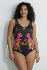Damskie Strój kąpielowy koty bez miękkich miseczek okrągły dekolt. Czarne stroje kąpielowe damskie Ulla Popken, plus size, bez wzorów, z elastanu. Za 159.99 zł.