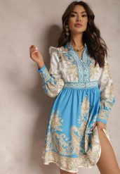 Biało-Niebieska Sukienka Basaste. Niebieskie sukienki damskie Renee, na imprezę, m, z aplikacjami, z tkaniny, bez kołnierzyka, bez ramiączek, maxi. Za 149.99 zł.