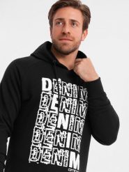 Męska bluza kangurka nierozpinana z kapturem i nadrukiem - czarna V1 - Rozmiar: XL. Czarne bluzy męskie Ombre Clothing, m, bez wzorów, z bawełny, bez ramiączek, z kapturem. W wyprzedaży za 49.99 zł.