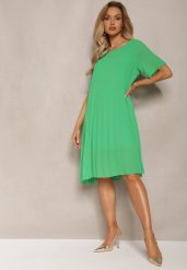 Zielona Plisowana Sukienka o Rozkloszowanym Kroju Orxiala. Zielone sukienki damskie Renee, l, bez wzorów, eleganckie, bez kołnierzyka, bez ramiączek, mini, rozkloszowane. Za 54.99 zł.