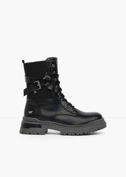 Botki sznurowane Mustang z klamrami. Czarne botki damskie bonprix, bez wzorów, bez obcasa, bez zapięcia. Za 229.99 zł.