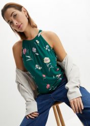 Top ze zrównoważonej wiskozy. Zielone topy damskie bonprix, bez wzorów, z materiału, bez kołnierzyka, bez ramiączek. Za 52.99 zł.
