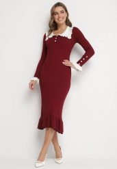 Bordowa Dzianinowa Sukienka Retro z Wiskozą z Kołnierzykiem i Falbanami Hanlira. Czerwone sukienki damskie Born2be, na co dzień, m, bez wzorów, z dzianiny, eleganckie, bez kołnierzyka, bez ramiączek, midi, ołówkowe. Za 149.99 zł.