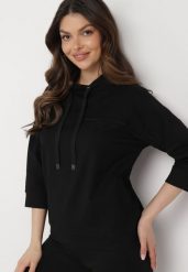 Czarna Bluza z Rękawami 3/4 Ozdobiona Sznurkami i Cyrkoniami Rowale. Czarne bluzy damskie Born2be, m, bez wzorów, casualowe, bez ramiączek, bez kaptura. Za 69.99 zł.
