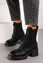 Czarne Sznurowane Botki Workery na Słupku z Ociepleniem Ciabella. Czarne botki damskie Renee, bez wzorów, z jeansu, eleganckie, bez obcasa, na obcasie, bez zapięcia. Za 159.99 zł.