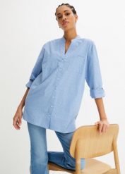 Długa bluzka z wywijanymi rękawami. Niebieskie bluzki damskie bonprix, bez wzorów, bez kołnierzyka, bez ramiączek. Za 124.99 zł.