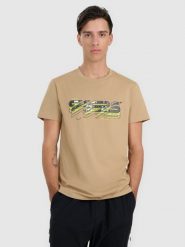 4F T-shirt regular z nadrukiem męski - beżowy XL. Brązowe t-shirty męskie 4F, m, bez wzorów, ze skóry, bez kołnierzyka, bez ramiączek. Za 69.99 zł.