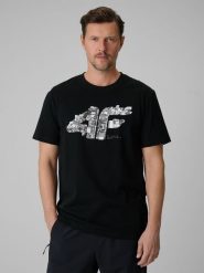 4F T-shirt regular z nadrukiem męski - czarny L. Czarne t-shirty męskie 4F, l, bez wzorów, z dzianiny, bez kołnierzyka, bez ramiączek. Za 59.99 zł.