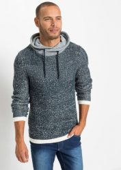Sweter z szalowym kołnierzem. Niebieskie swetry męskie bonprix, l, bez wzorów, bez kołnierzyka, bez ramiączek. Za 137.99 zł.
