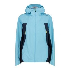 Damska kurtka z kapturem CMP. Niebieskie kurtki sportowe damskie CMP, bez wzorów, bez ramiączek, z kapturem, trekkingowe. Za 288.69 zł.